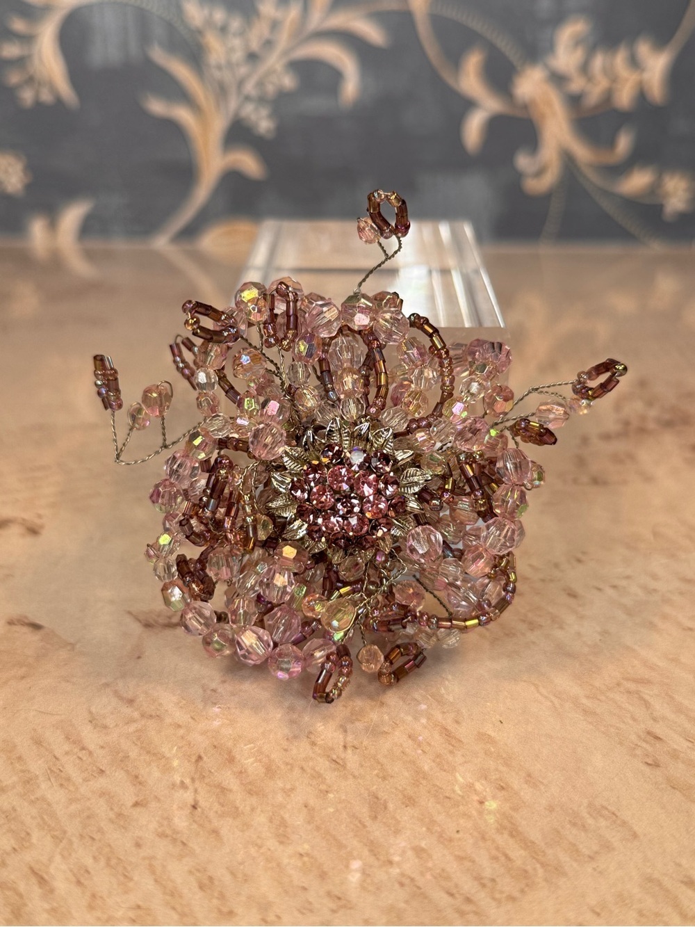 Vintage Purple & Pink Beaded Floral Statement Brooch Silver Tone Lot B24